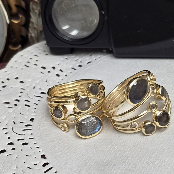 14KT GOLD PLATED POLKI DIAMOND LABRADORITE RING - Picture 4 of 6